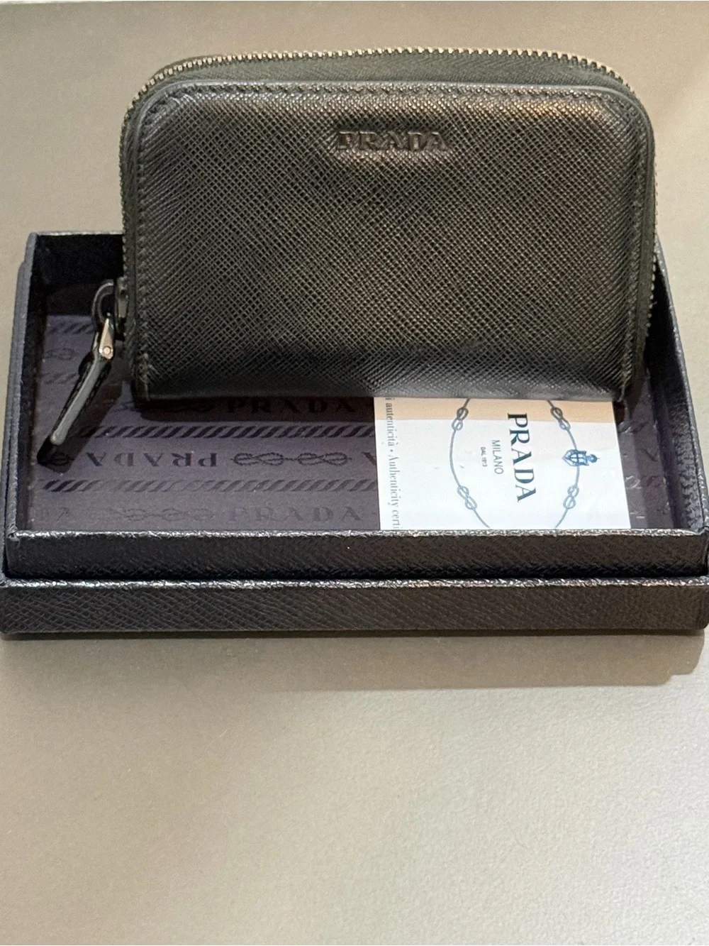 Prada Black Saffiano Zip Card Holder